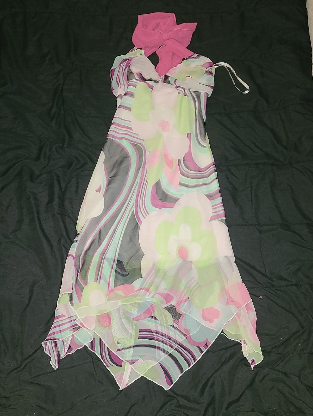 Sheer Floral Halter Maxi Dress in Pink, Green & White